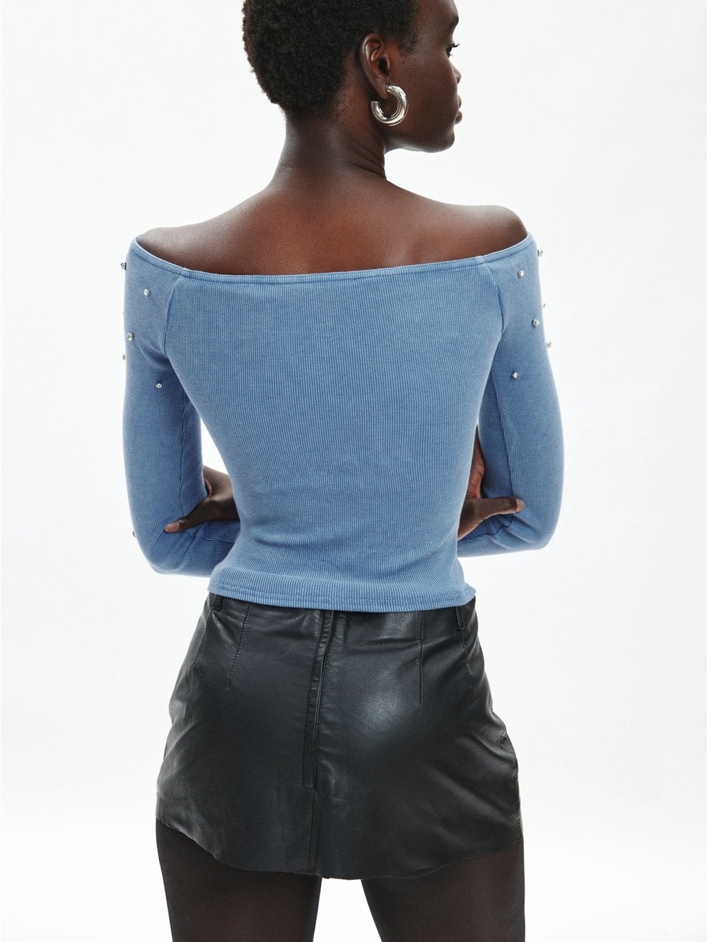 silence + noise Light Blue Off-the-Shoulder Pearl-Embellished Sweater - Picture 4 of 4